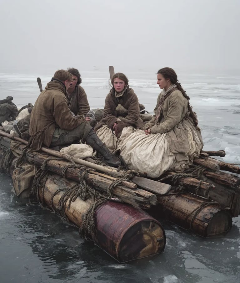 raft of broken planks and empty barrels: tattered survivors in faded naval uniforms and threadbare s