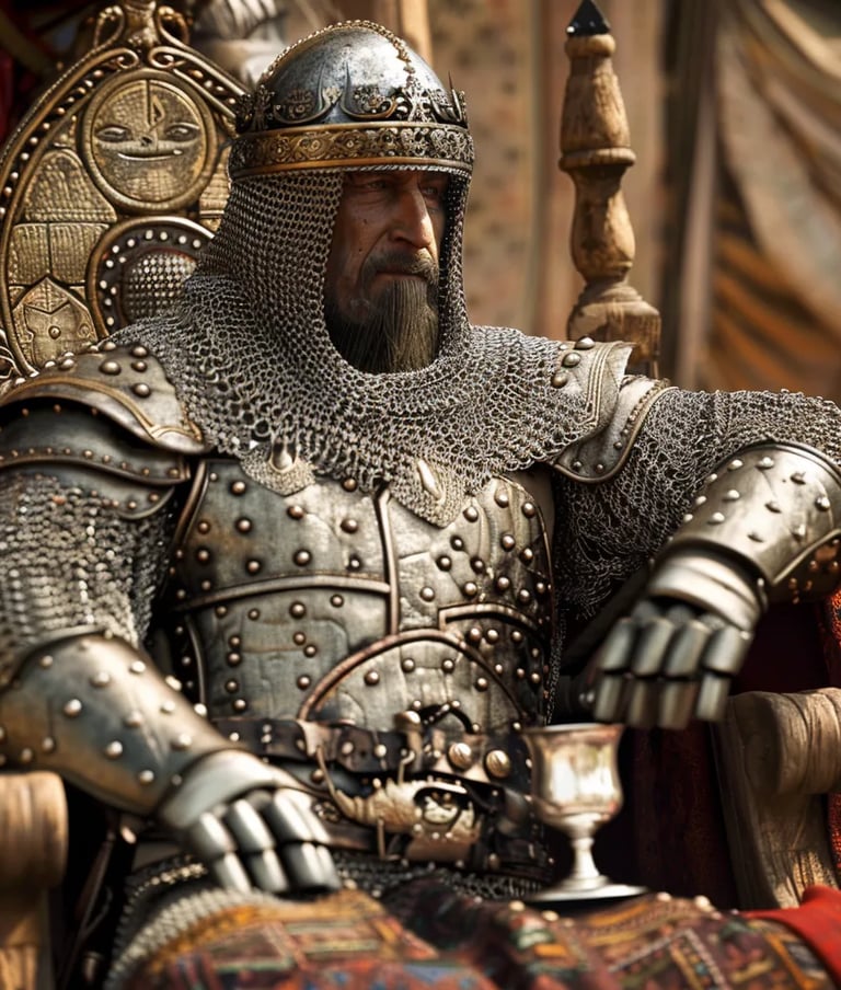 Baibars seated inside an opulent military tent, his steel-plated gauntlets resting 