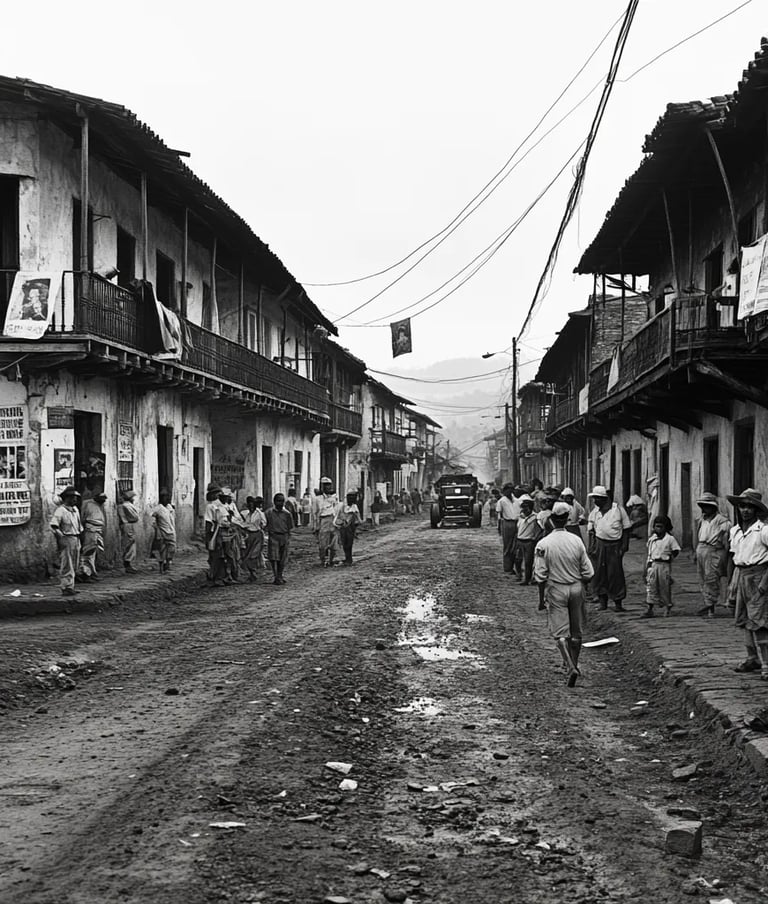 Urban street scene in Managua, dusty roads lined with Spanish-style buildings