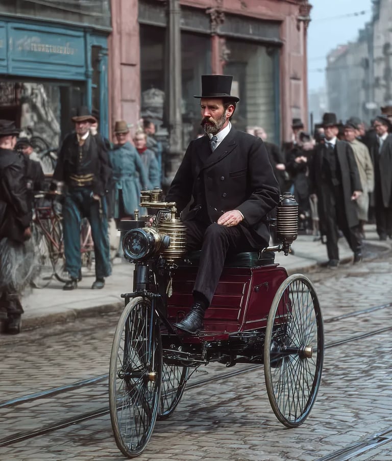  narrow city streets: the Motorwagen surges forward, its single cylinder chuffing steam