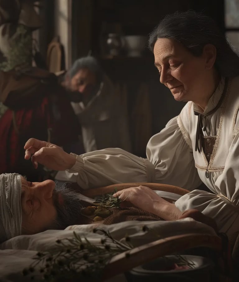 Jeanne Mance tending to a sick patient on a simple wooden cot inside the hospital