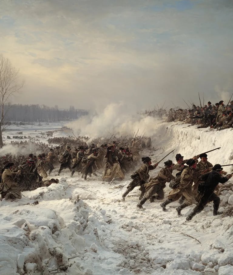 amid howling winds and swirling snow, King Charles XII in a fur-lined hat charges forward 