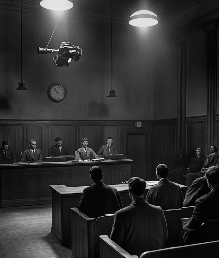 New York City, 1941, packed courtroom under fluorescent banks and mahogany paneling