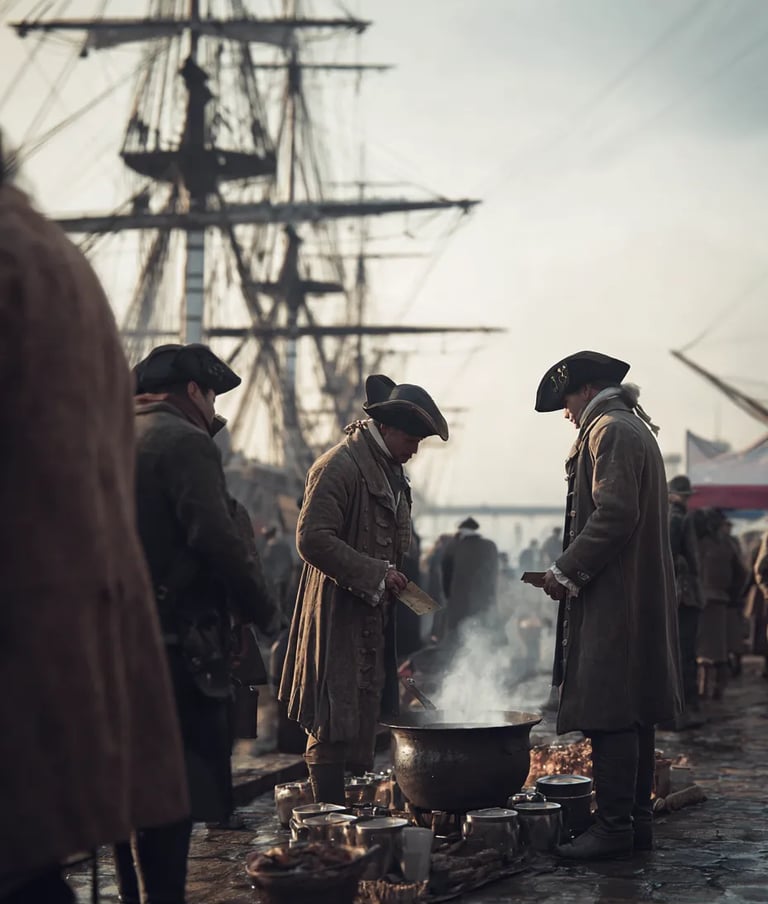 Dawn breaks over New York Harbor in 1775 as a courier holds a letter above a small brazier’s heat