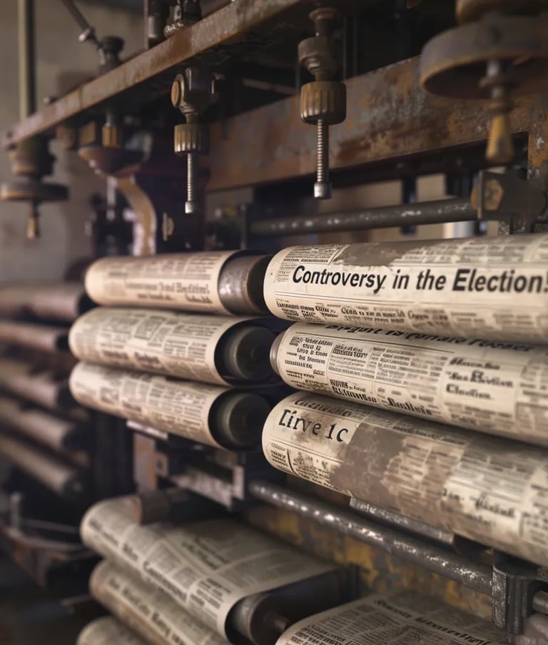  printing press rolling out freshly printed newspapers with bold headlines: "Controversy in the Elec