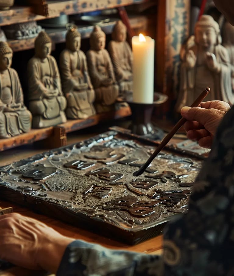 f Nichiren’s hands carving sacred kanji into a wooden tablet