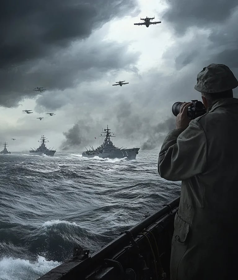 formation of Japanese carriers and destroyers glides through glassy gray waters