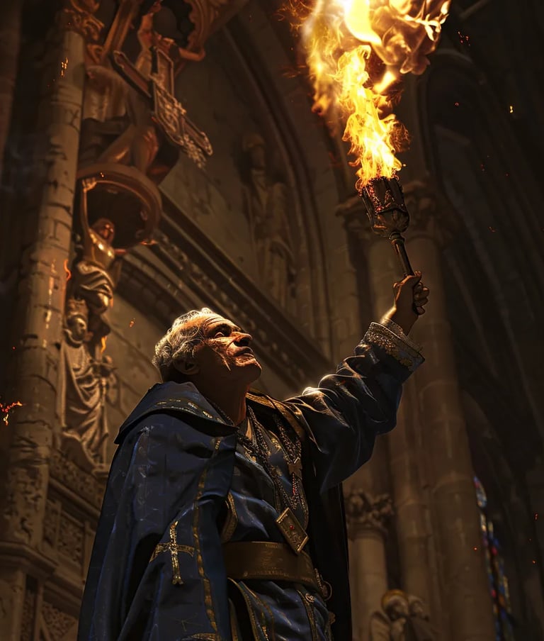 Notre-Dame Interior, 1793 – Close-up of a revolutionary priest dressed in a flowing blue robe