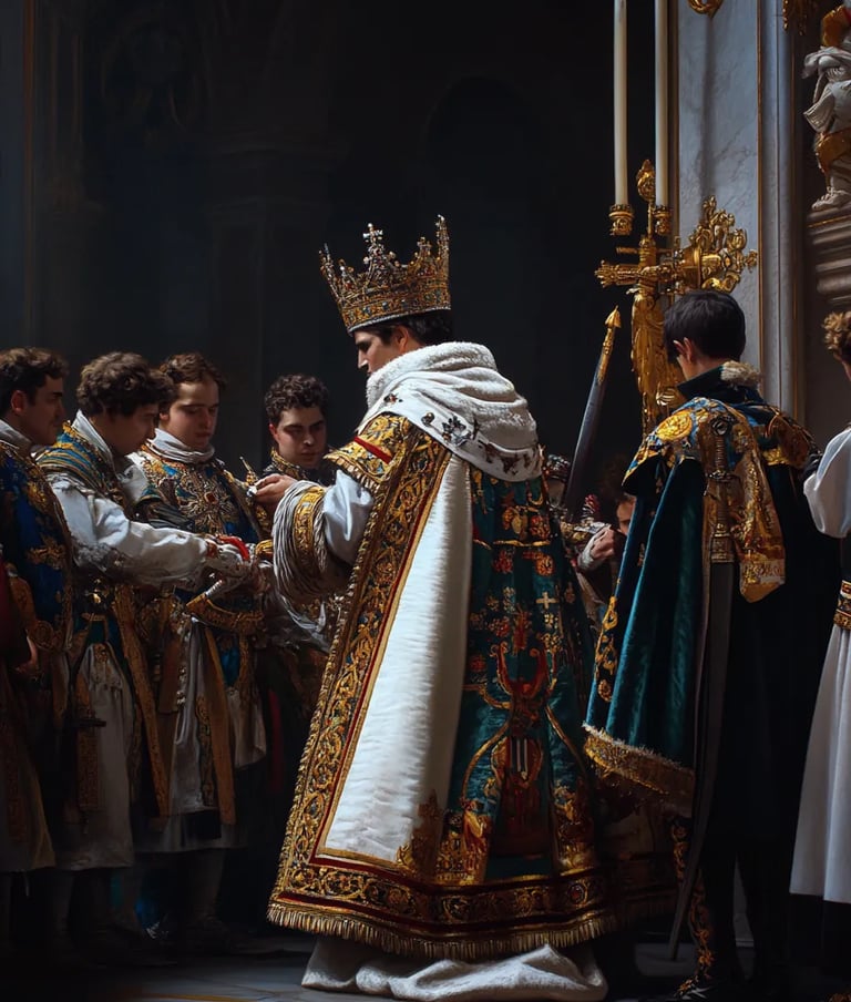 Paris, 1804, interior of Notre-Dame Cathedral at early morning: candlelit nave shimmering on French