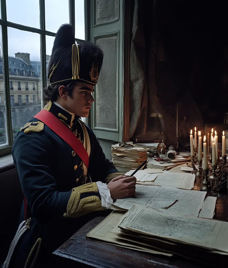 Napoleon, seated at a wooden desk cluttered with maps, quills, and military texts