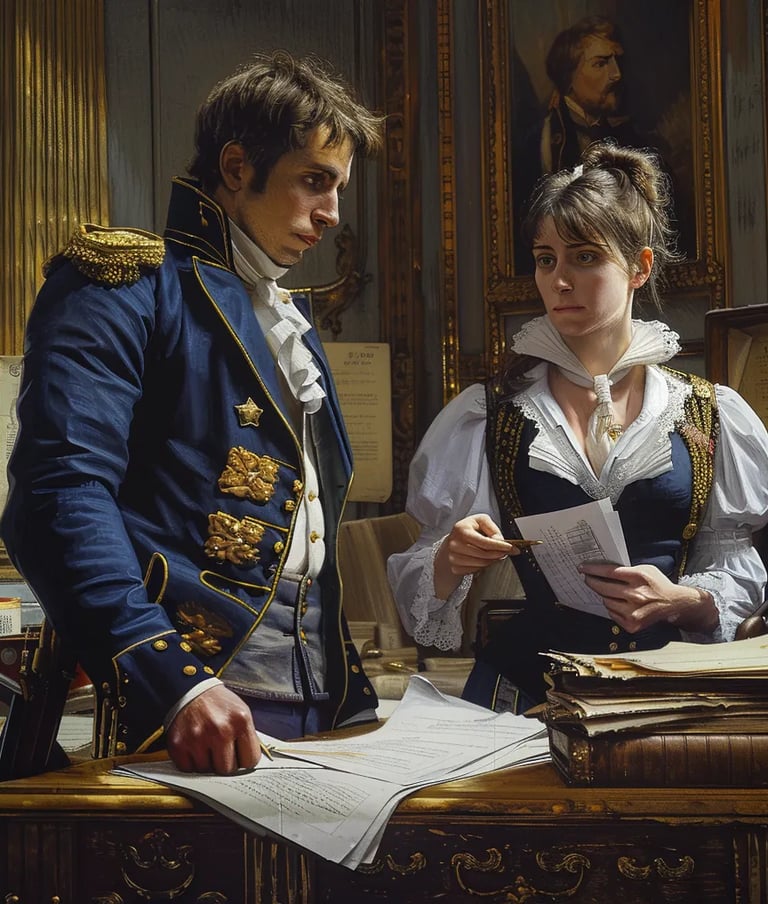 Parisian Police Station, 1800 – Close-up of a woman standing before a stern-faced officer