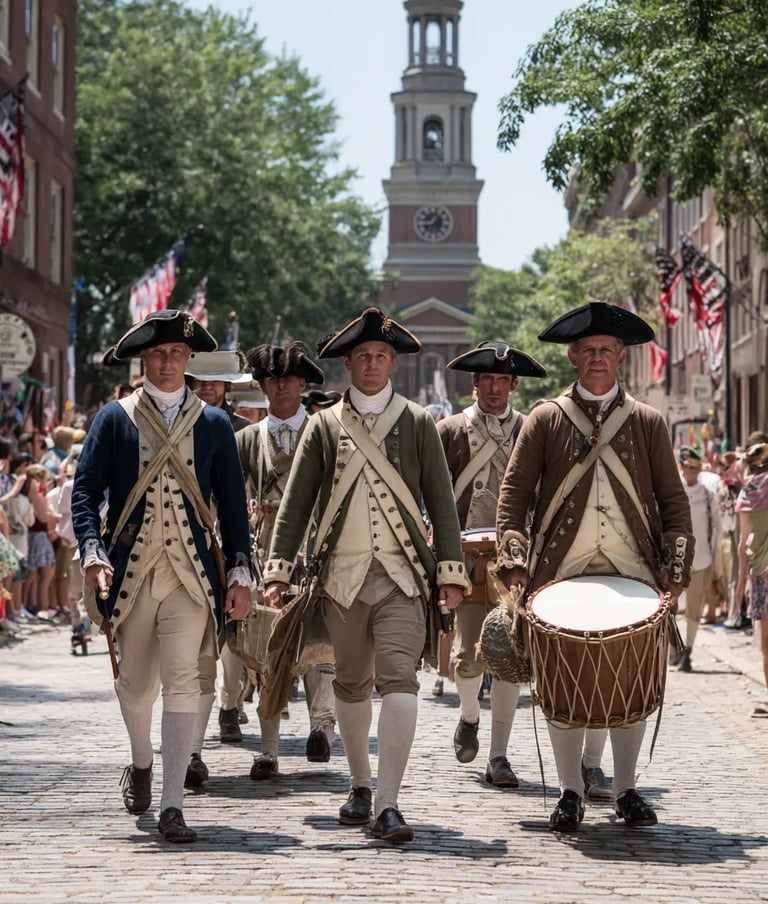 First Fourth of July Party, Drummers in buff coats march ahead