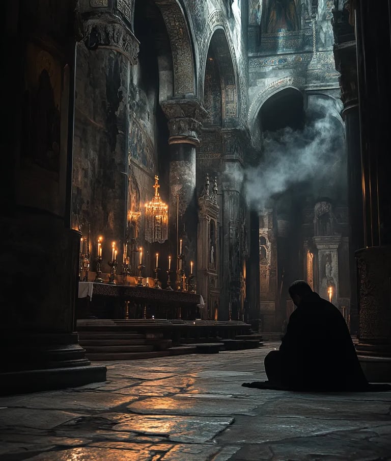 lit Church of the Holy Sepulchre, Willibald kneels alone before a flickering altar