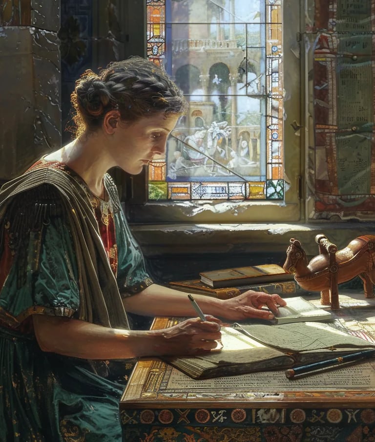 Galla Placidia seated at a wooden desk, writing an edict with a quill