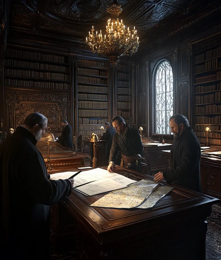 Quiet interior of the palace library, aged diplomats drafting Tsar Alexander’s proposal