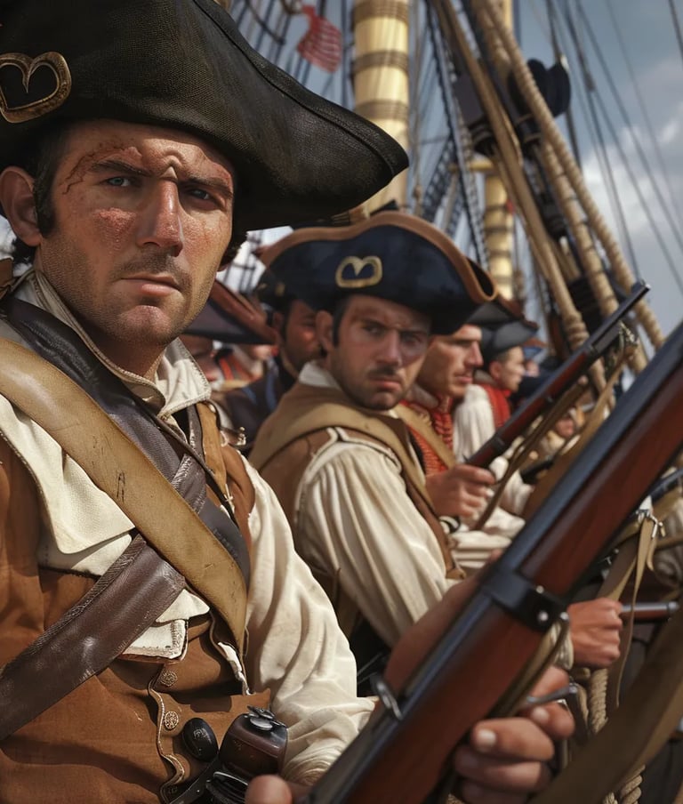 newly formed Marine unit loading muskets behind the deck rails of a naval ship