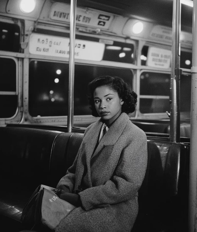 The seamstress sits near mid-section, hands folded over a leather handbag, gaze steady