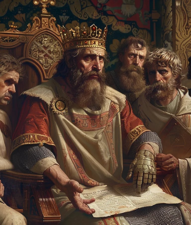 King Philip IV seated on an ornately carved wooden throne, a golden crown resting upon his head