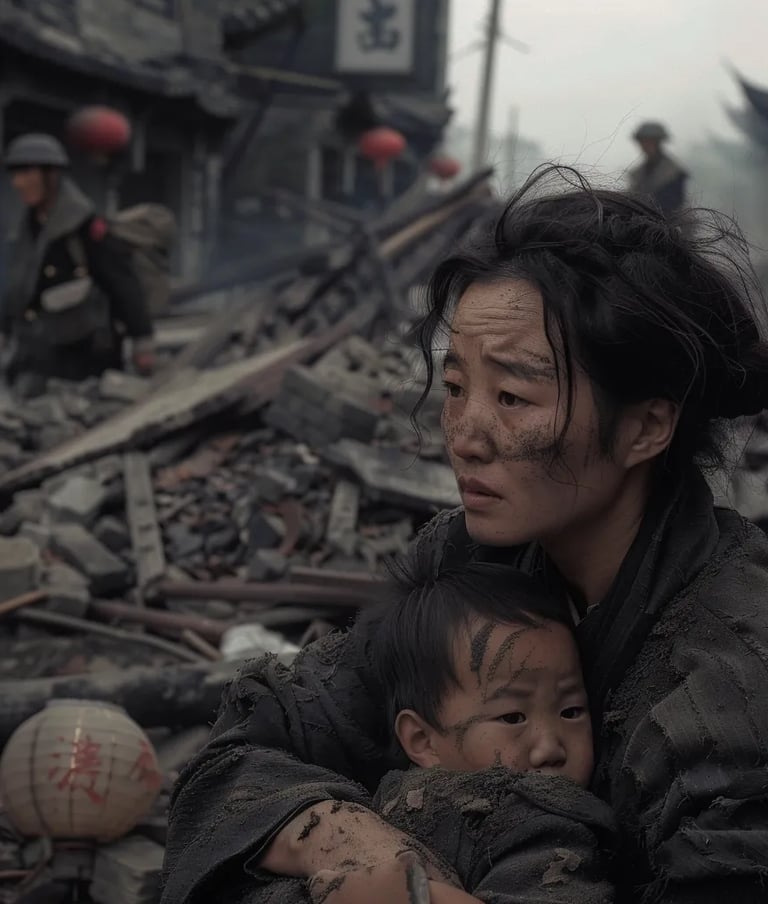 Ruined District, Shanghai, 1937 – Close-up of a young Chinese mother clutching her child