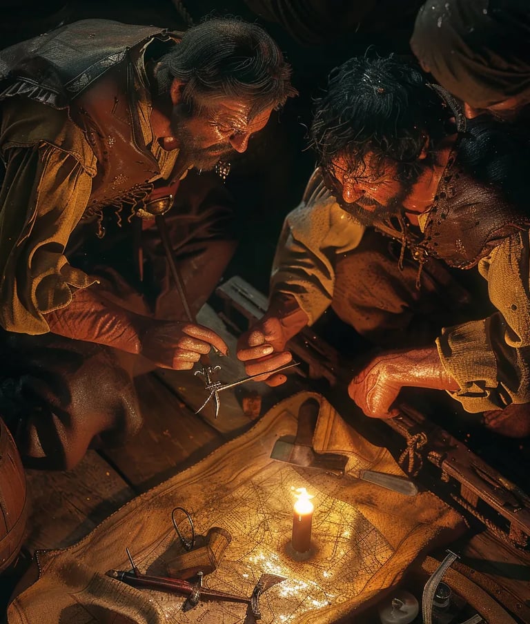 three mutinous sailors huddled below deck by flickering candlelight.
