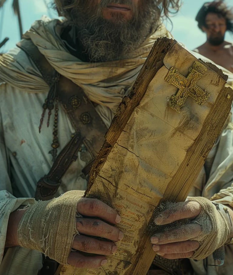  Columbus holding a weathered sea chart, his leather-gloved hands trembling slightly
