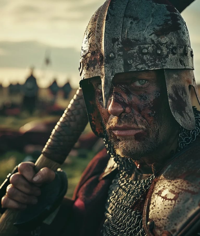 a weary Saxon huscarl gripping a bloodstained Dane axe