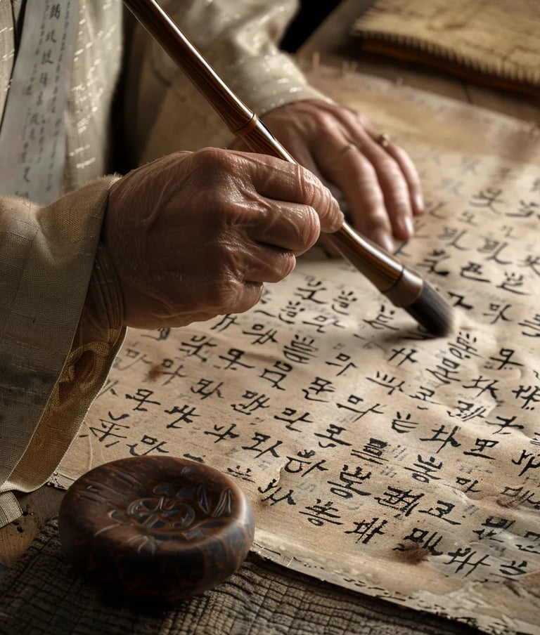 cholar writing the first Hangul characters with a bamboo brush on rice paper