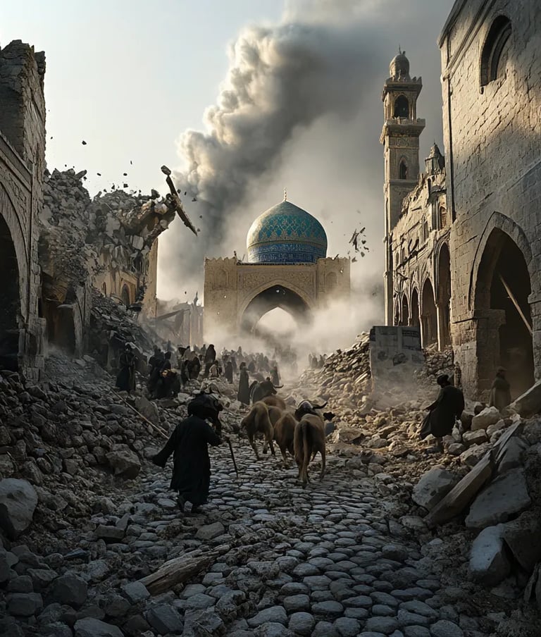 Shamakhi 1667 earthquake destruction as buildings collapse and people flee.
