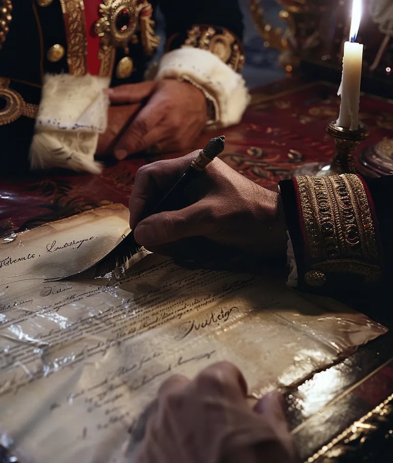 a quill scratching across parchment as the Declaration of Independence is officially signed