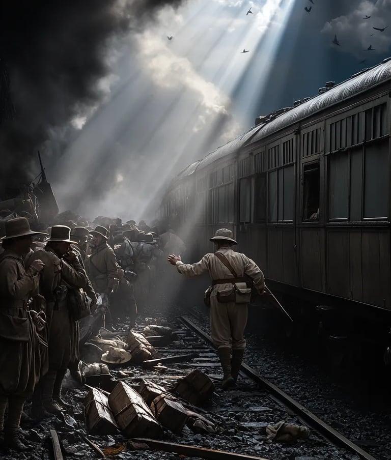 smoke rising from derailed train cars, Boers in wide-brimmed hats surrounding stunned survivors