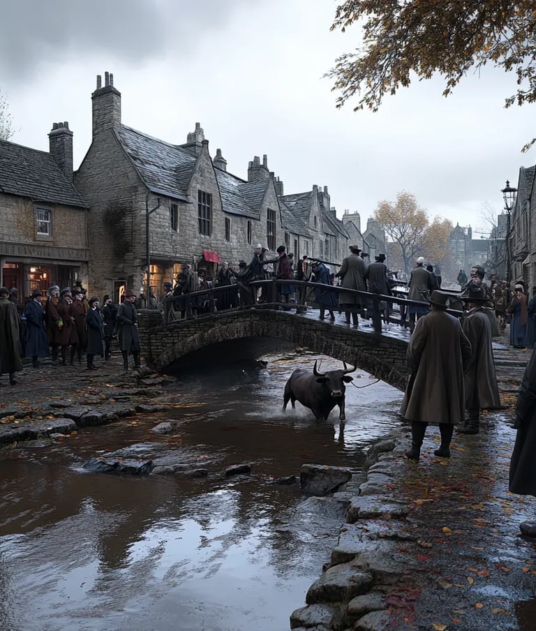 stone bridge outside Stamford, 1839, townspeople gathered in heavy cloaks and top hats