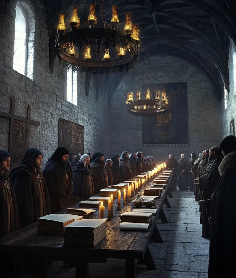 stone interior of a 13th-century hall with flickering torchlight illuminating somber faces