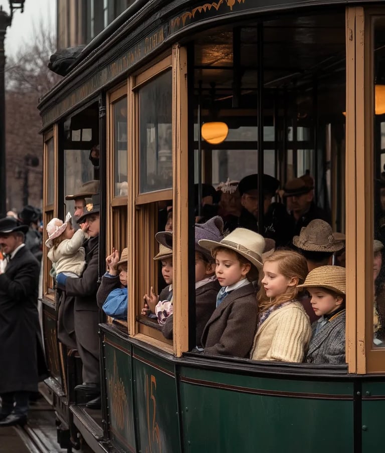 streetcar clattering down rails, passengers packed inside, children peeking wide-eyed from windows