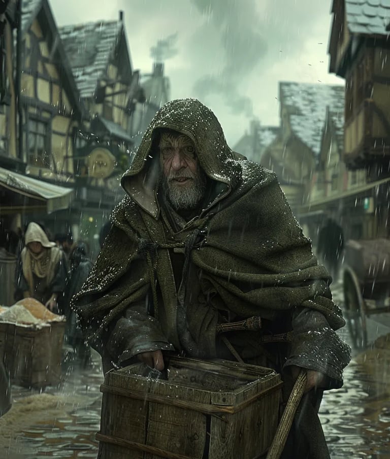 frightened merchant gripping a wooden cart as powerful gusts overturn market stalls