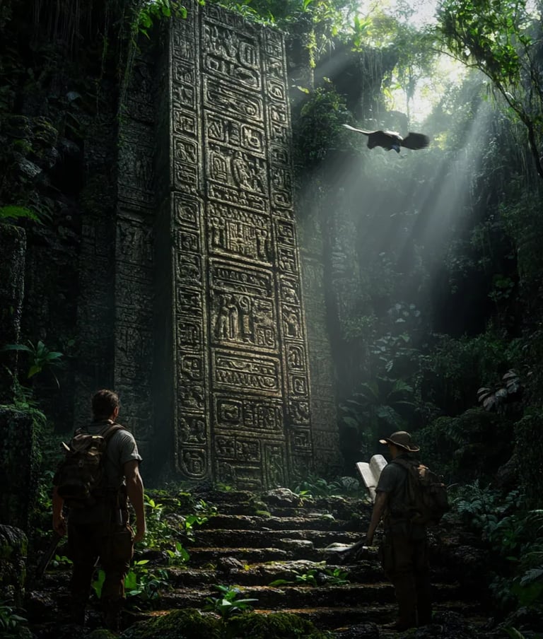 sunlight breaking through jungle canopy, revealing a towering stela carved with intricate glyphs