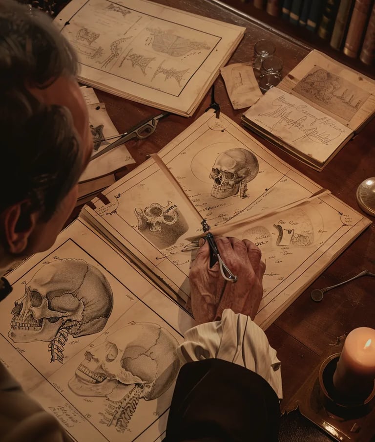 Dr. Carpue examining anatomical sketches spread across a mahogany desk