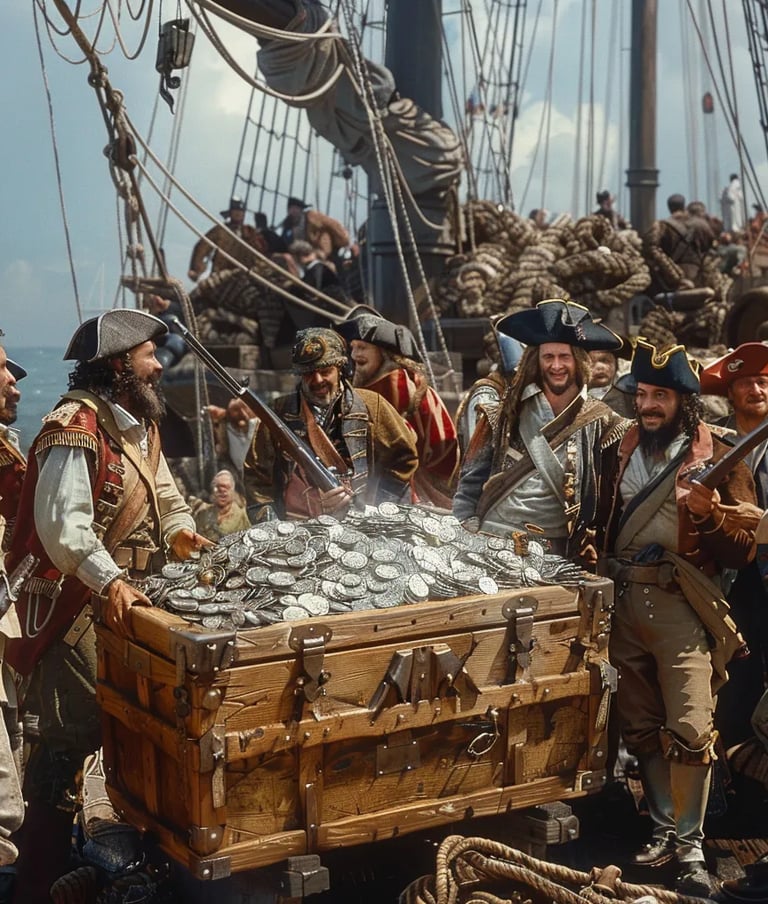 large wooden chest overflowing with silver and florins being loaded onto Cassard’s pirate ship