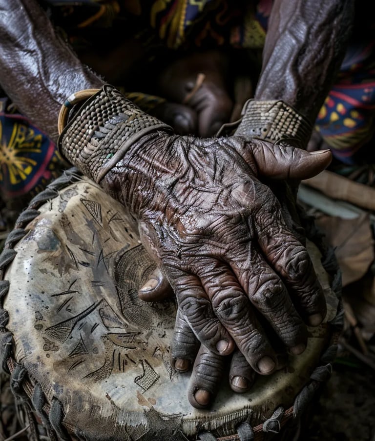 Close-up of intertwined hands: a Ndyuka elder’s scarred palm