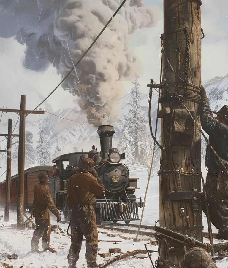 rugged workers in dusty clothes hammering a telegraph pole into the frozen ground
