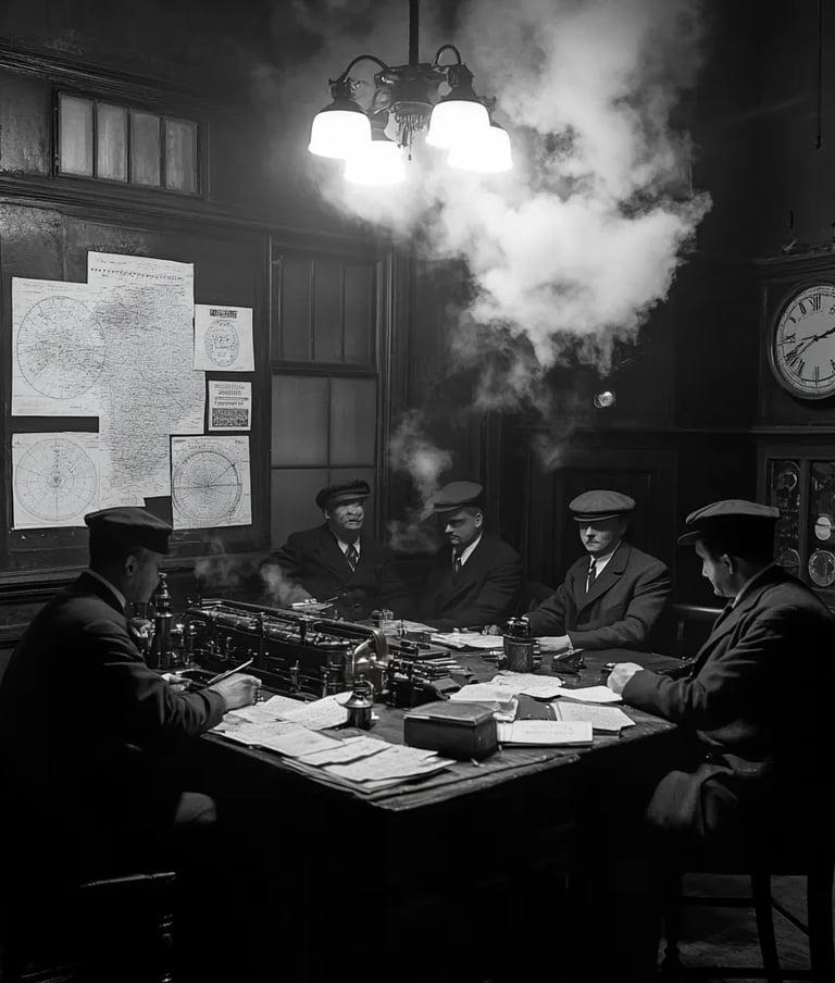 Telegraph room at noon, railroad executives and engineers gathered 