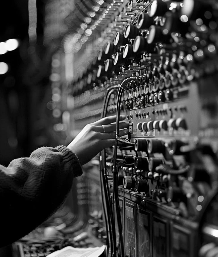 Telephone Exchange, 1951 – Close-up of an operator’s hand pressing buttons on a massive switchboard