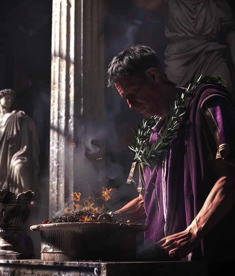 Roman priest, his face solemn as he extinguishes the sacred flame on the altar