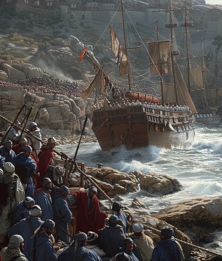 Spanish troops disembarking from wooden transport ships onto the Moroccan coast