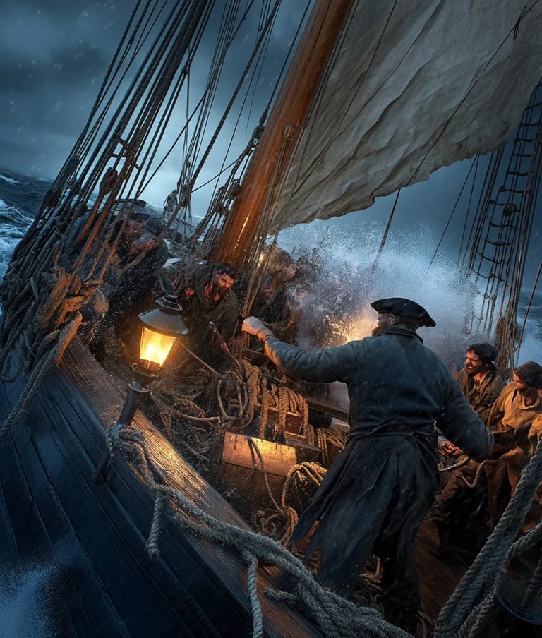 the Fredensborg strikes; timbers thunder, bowsprit snaps. Crewmen—faces taut, beards iced—swing a ya