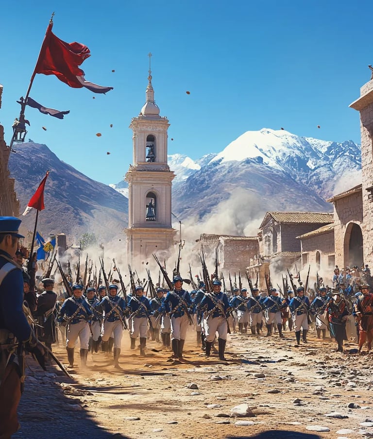 Troops Marching to War: Chilean infantry in blue and white uniforms march through dusty cobblestone 