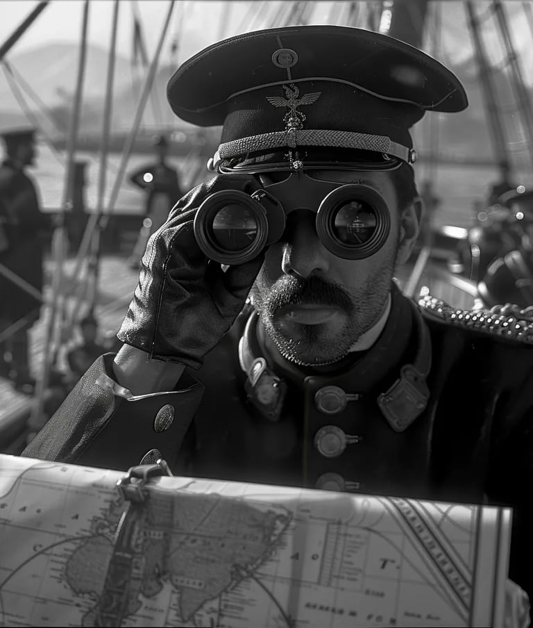 Ottoman officer looking through binoculars at Russian ports in the distance