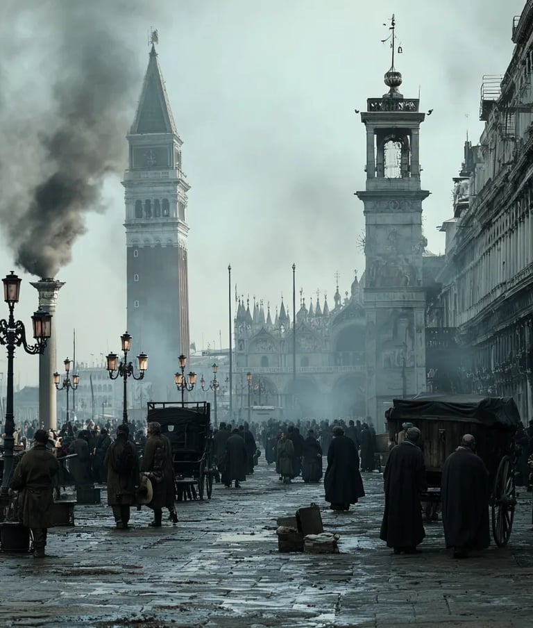 San Marco Square: terrified civilians in coarse woolen cloaks and camice masks flee past crumbling m