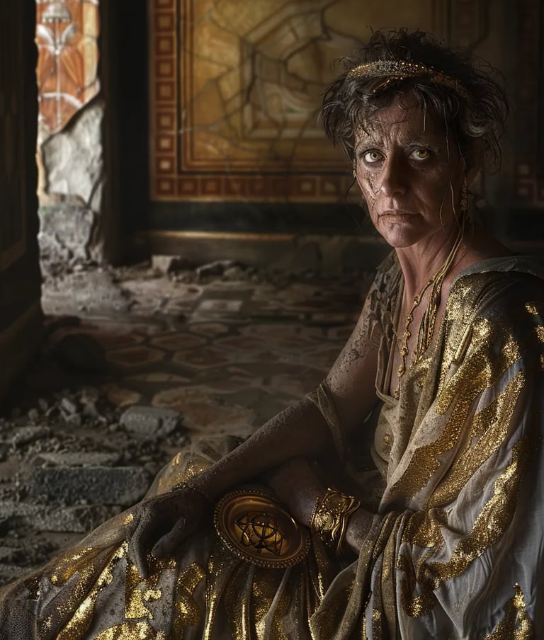  a wealthy Roman woman, her golden jewelry and embroidered stola reflecting the dim glow of the appr