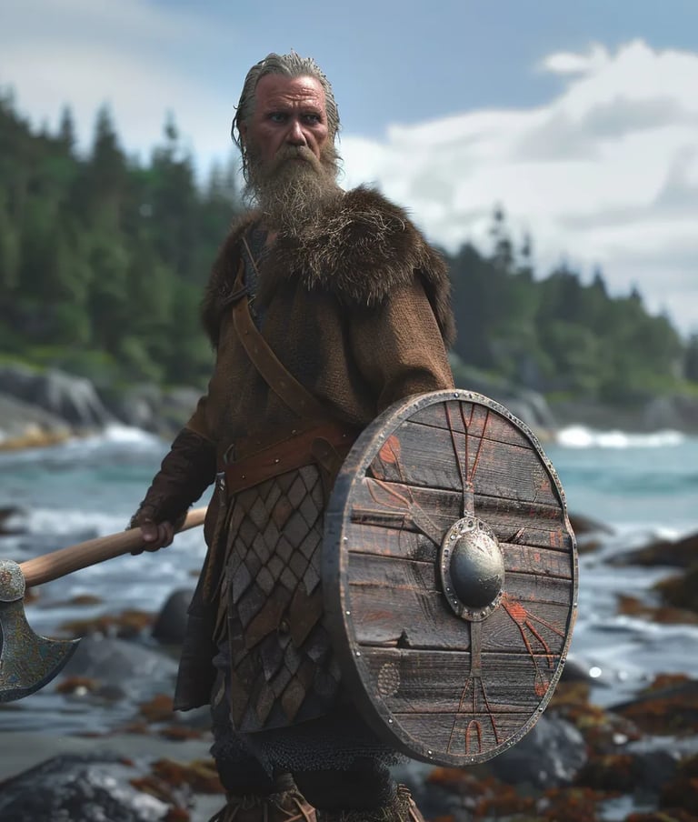 Leif Erikson standing on the rocky shore, holding a hand-carved axe and a wooden shield