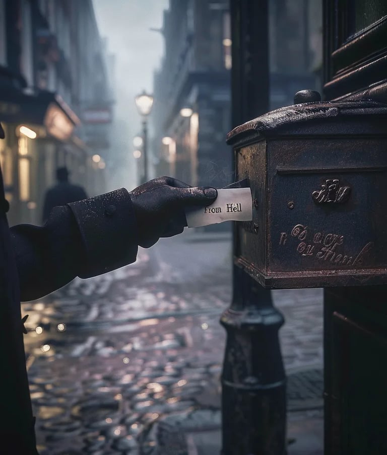 black-gloved hand slipping the "From Hell" letter into a rusted iron post box at dawn